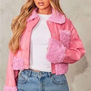 PrettyLittleThing Pink Teddy Jacket with Faux Fur Trim